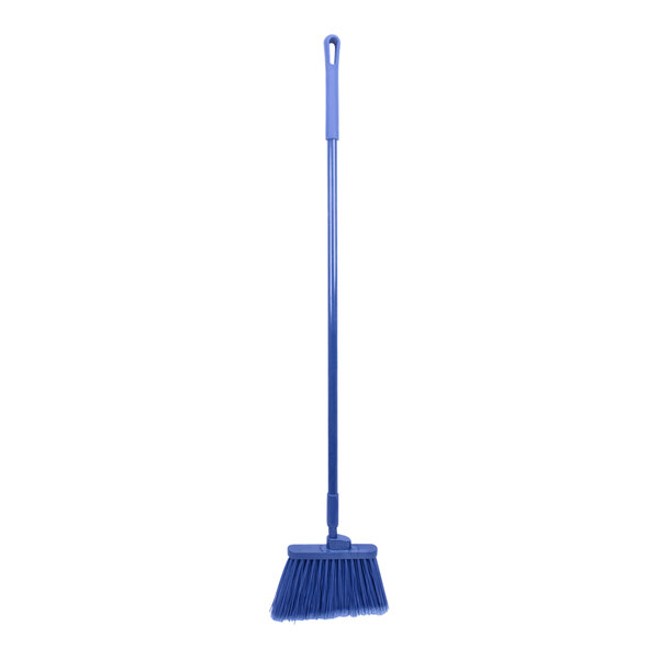 A blue broom with a long blue handle.
