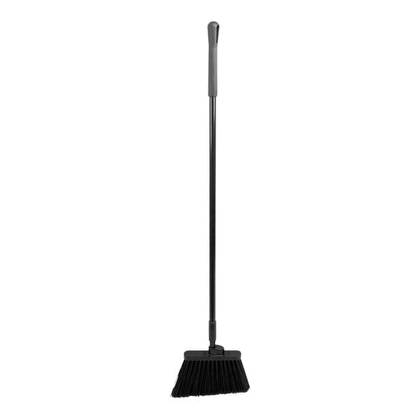 A black broom with a long black pole on a white background.