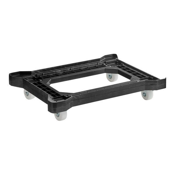 A rectangular black plastic dolly with four swivel caster wheels designed to hold and transport dough proofing boxes.