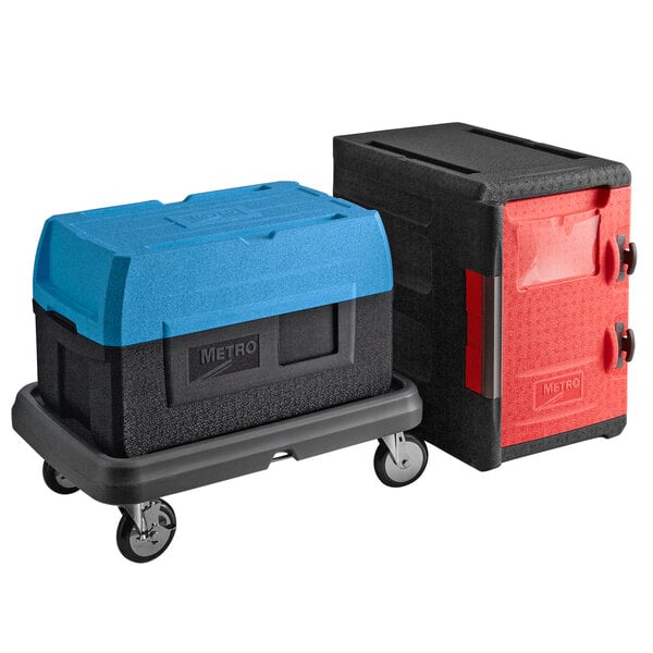 Metro Mightylite Insulated EPP Pan Carrier Kit with BigBoy Blue Top-Loading 5 Pan Carrier, Front-Loading 6 Pan Carrier, and Dolly