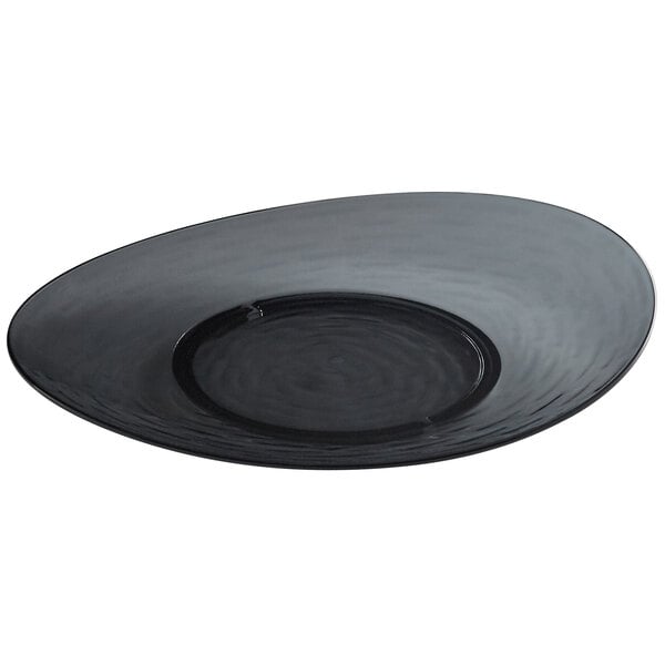 A black oval Libbey plastic platter with a round center.