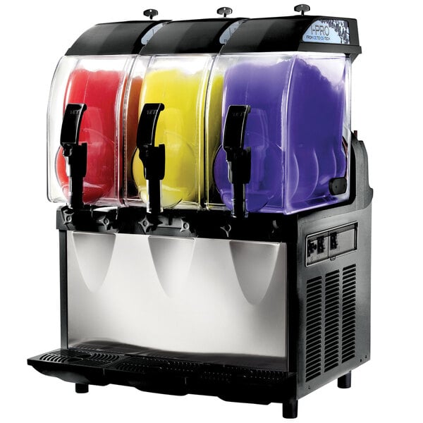 A Crathco granita machine with three different colored dispensers.