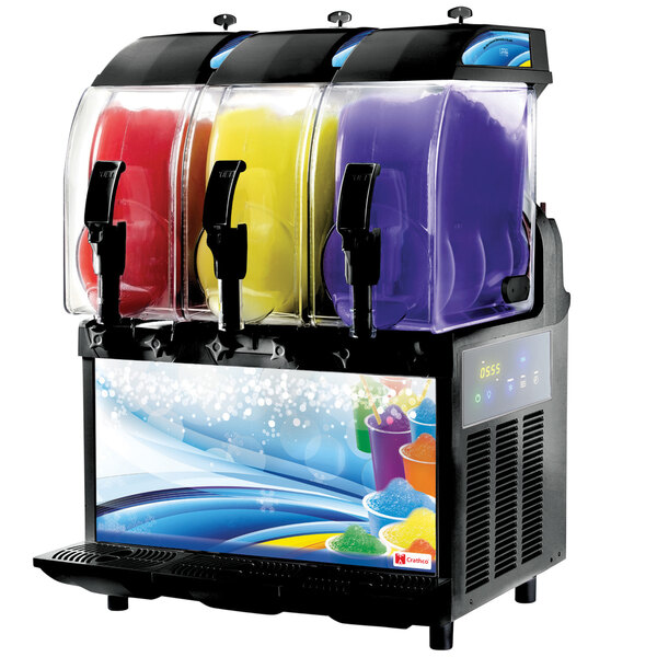 A Crathco granita machine with a light panel and three compartments with different colors of slushy.