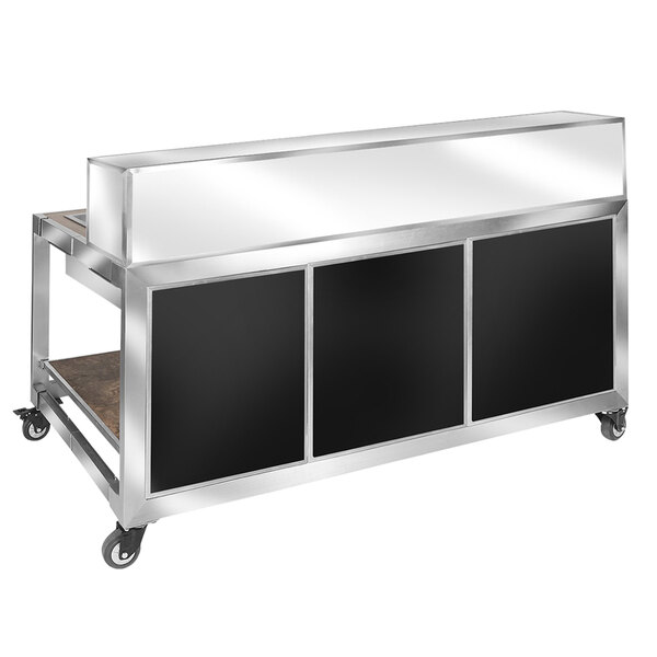 An Eastern Tabletop black and silver foldaway bar on wheels.