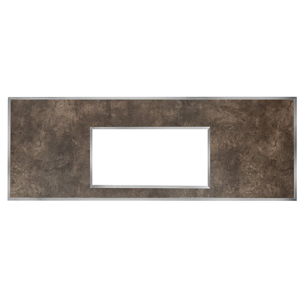 A brown rectangular frame with a white textured rectangular panel and a cutout window in the middle.