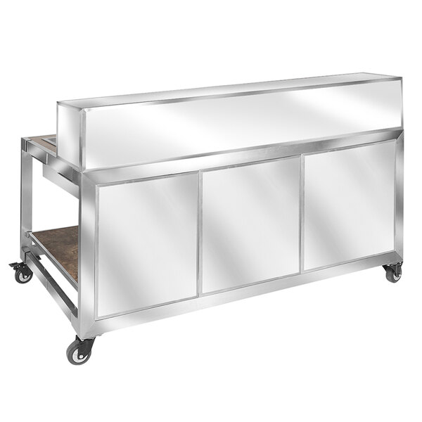An Eastern Tabletop brushed stainless steel foldaway bar on a silver cart with a mirror top.