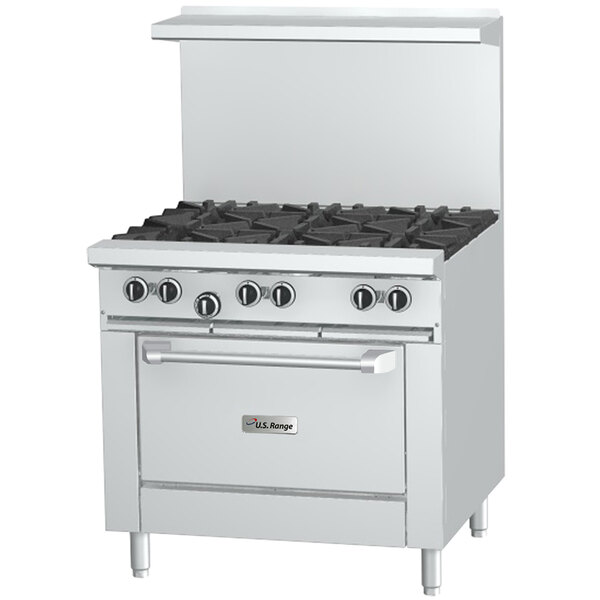 A stainless steel U.S. Range gas range with six burners and a standard oven with black knobs.