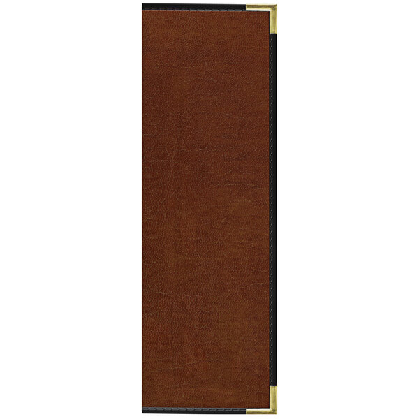 A brown leather menu cover with black corners and trim.