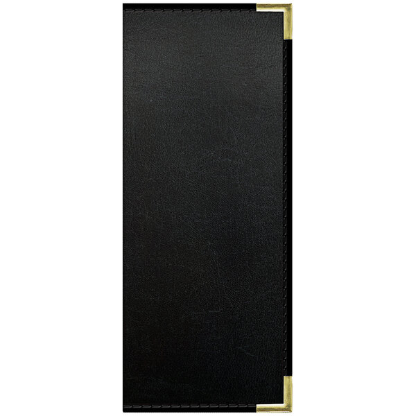 A black rectangular H. Risch, Inc. Tuxedo leather menu cover with gold corners.