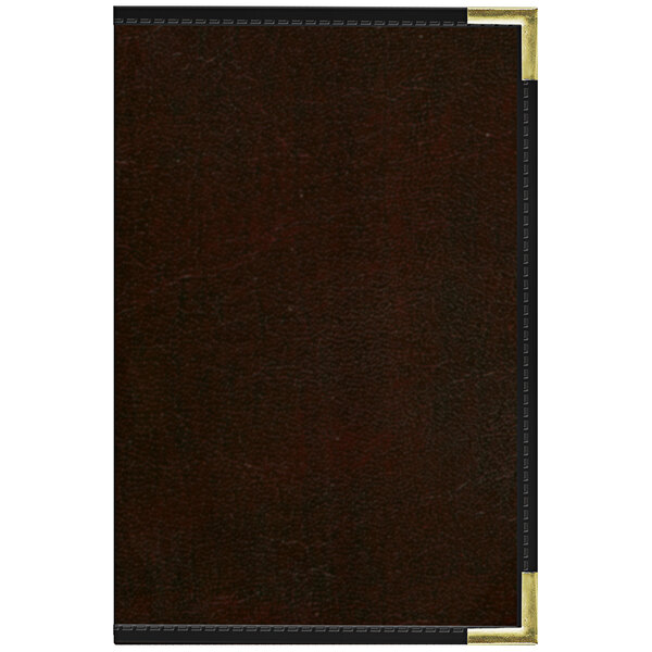 A brown leather Tuxedo menu cover with gold trim and 8 customizable views.