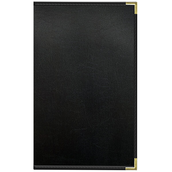 A black leather menu cover with a white border and gold corners.