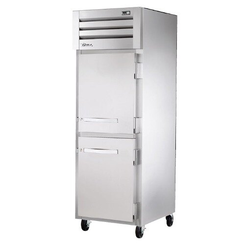A white True Spec Series insulated holding cabinet with silver half doors.