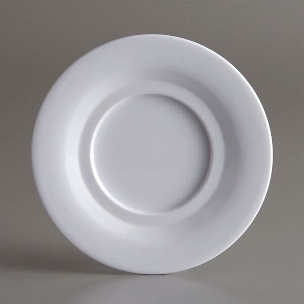 A close-up of an American Metalcraft Jane Collection white melamine saucer with a circular edge.