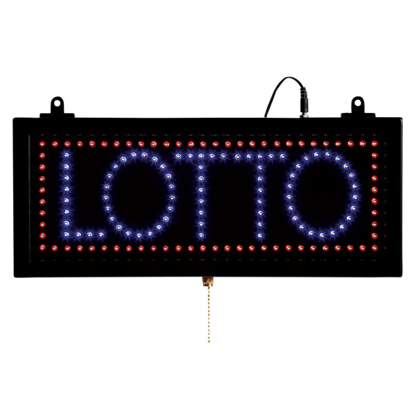 A black LED sign with blue lettering that says "Lotto" and a blue circle with lights.