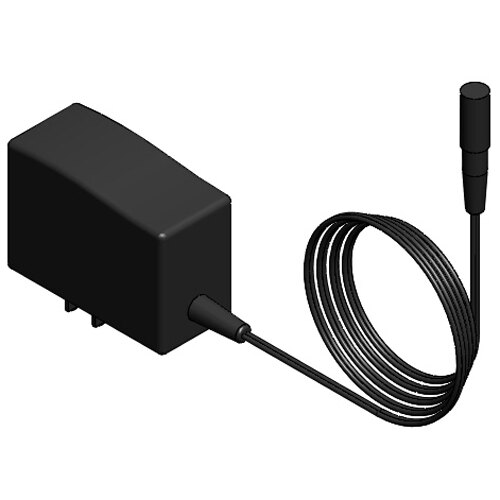A black power cord plugged into a black rectangle.