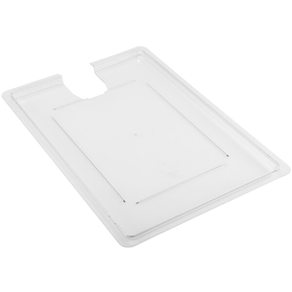 A white rectangular clear plastic lid with a hole in the middle.
