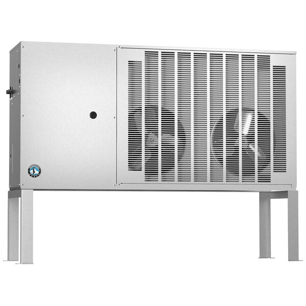A large white metal Hoshizaki air cooled condenser with two fans.