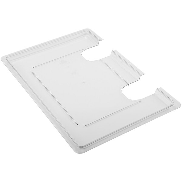 A white rectangular clear plastic lid with two holes.