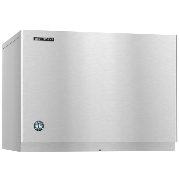 A stainless steel Hoshizaki air cooled ice machine with a logo on it.