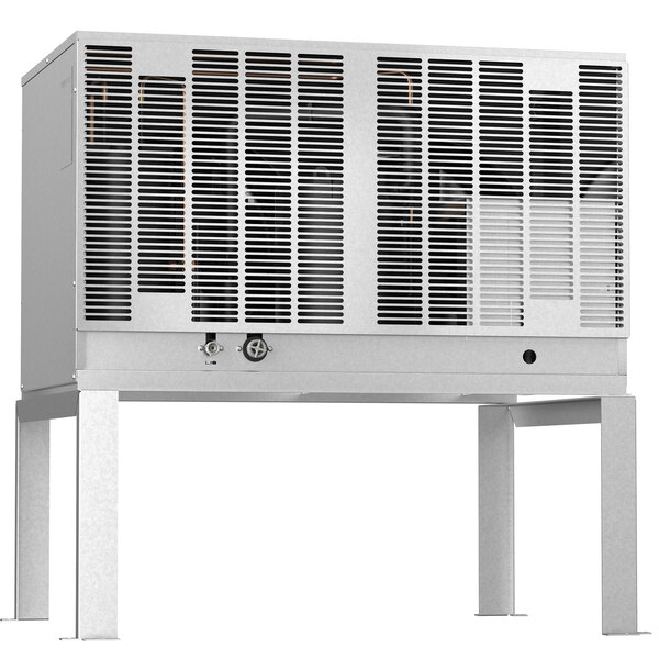 A white rectangular Hoshizaki air cooled ice machine condenser with vents on a metal stand.