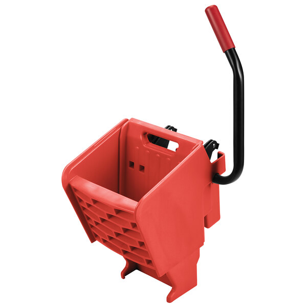 A red plastic Rubbermaid WaveBrake mop wringer with black handles.