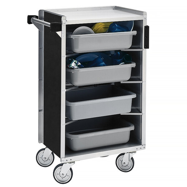 A Lakeside stainless steel enclosed bussing cart with black laminate finish and three shelves.
