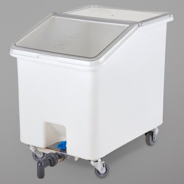 A white plastic Cambro container with a flip top lid.