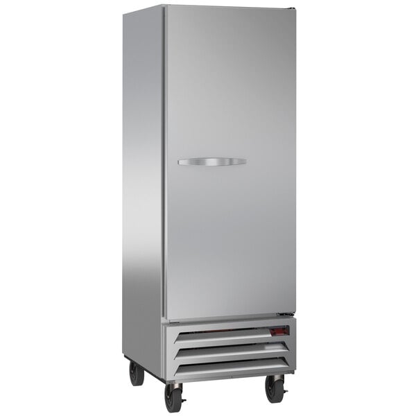 A silver Beverage-Air bottom mounted reach-in freezer on wheels.
