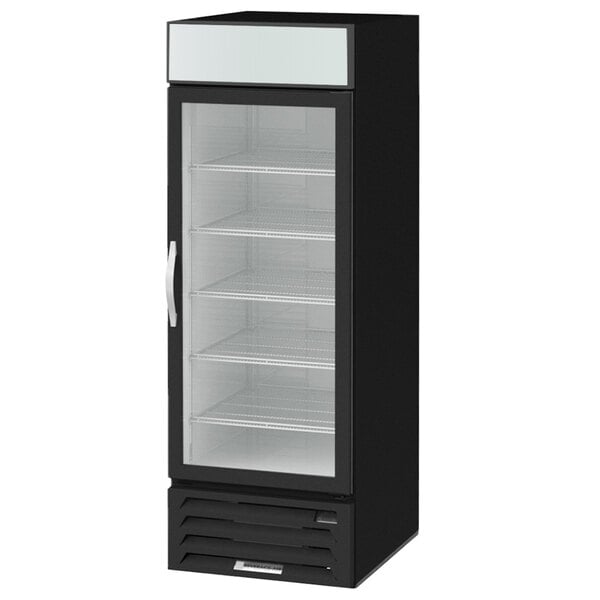 A black Beverage-Air MarketMax glass door freezer.