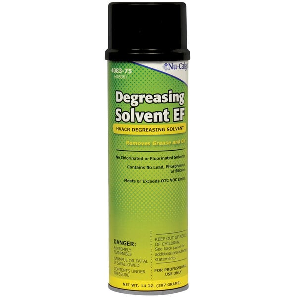 A green Nu-Calgon aerosol can of degreasing solvent with a yellow label.
