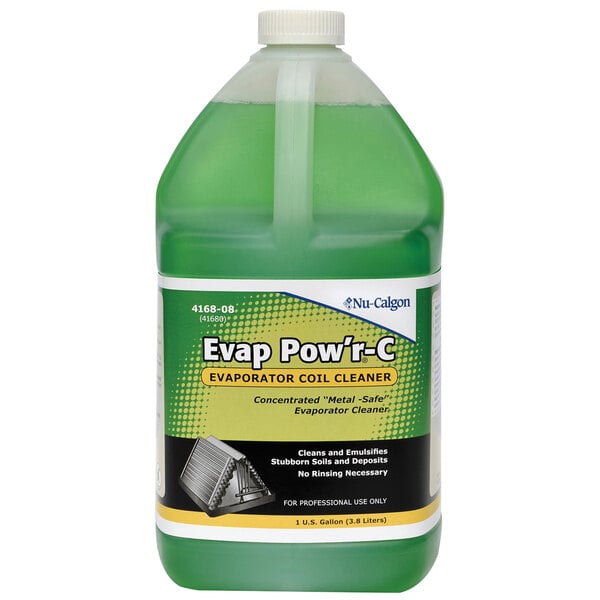 A plastic container of Nu-Calgon Evap Pow'r-C evaporator coil cleaner with a green liquid inside and a green label.