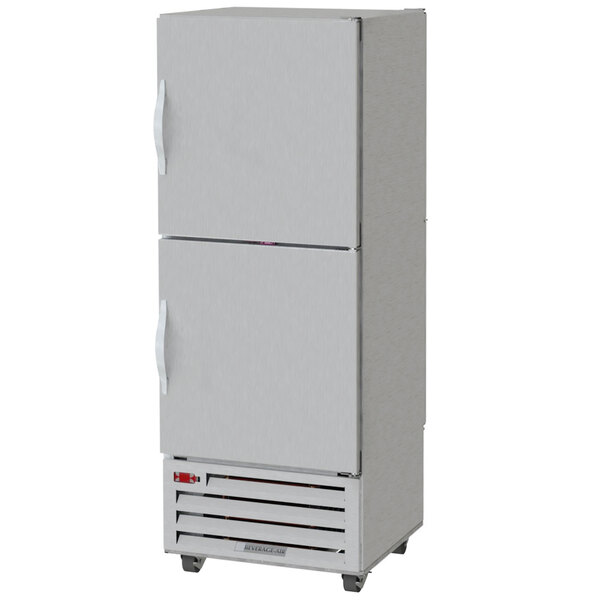 A white Beverage-Air pass-through refrigerator with two half doors.