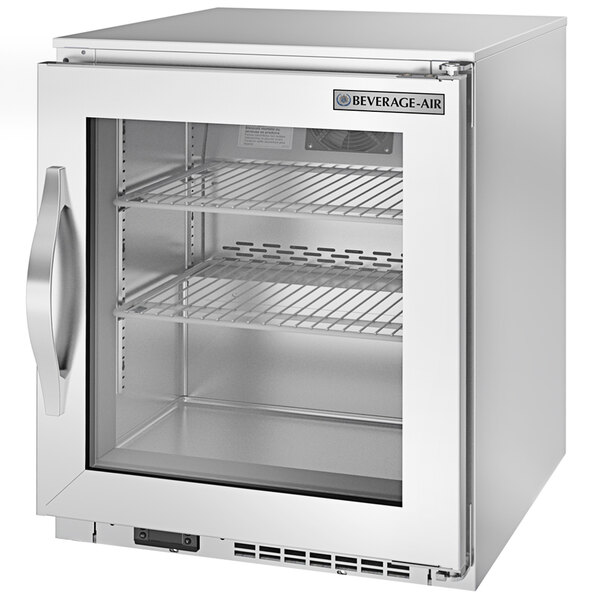 A silver Beverage-Air undercounter freezer with a glass door.