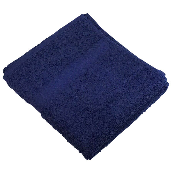 A folded navy blue Monarch Brands hand towel.