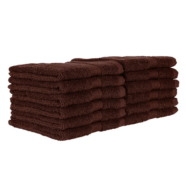 A stack of brown Monarch Brands True Colors wash cloths.