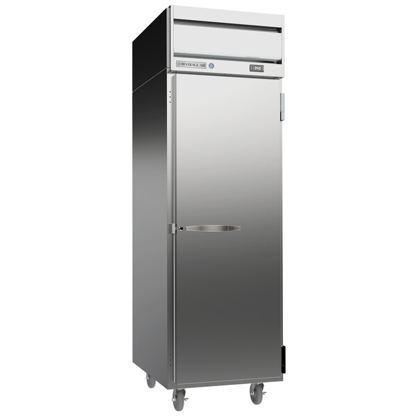 A Beverage-Air stainless steel reach-in refrigerator with a silver door.