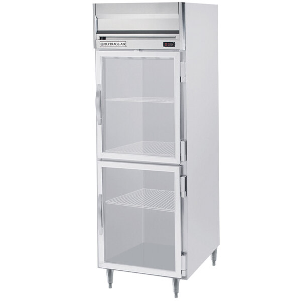 A white Beverage-Air Horizon Series reach-in refrigerator with half glass doors.