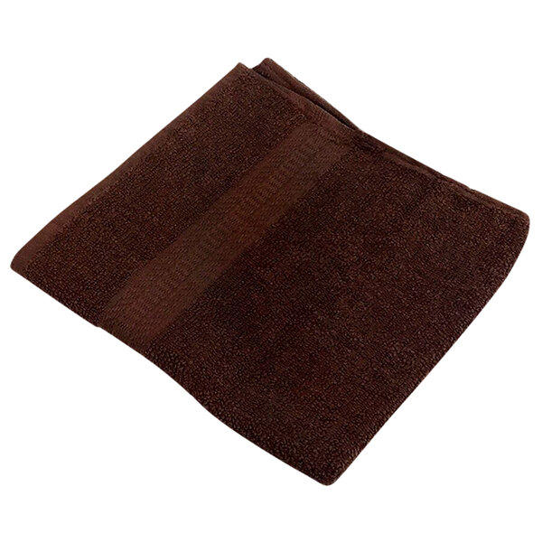 A folded brown Monarch Brands True Colors hand towel on a white background.