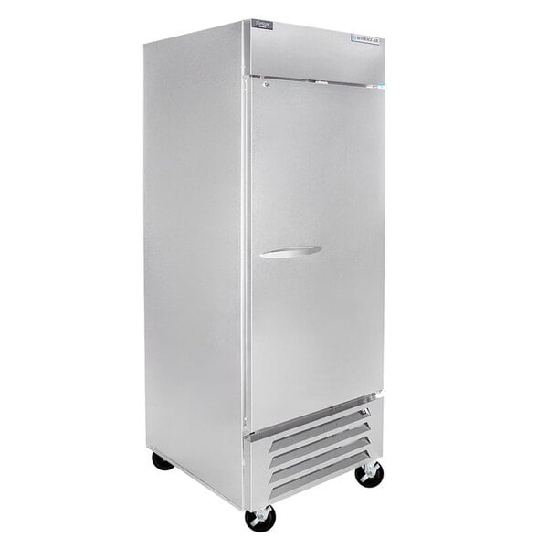 A stainless steel Beverage-Air reach-in freezer with wheels.