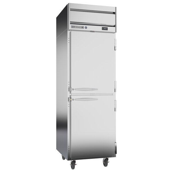 A stainless steel Beverage-Air Horizon Series reach-in refrigerator with a half solid door.