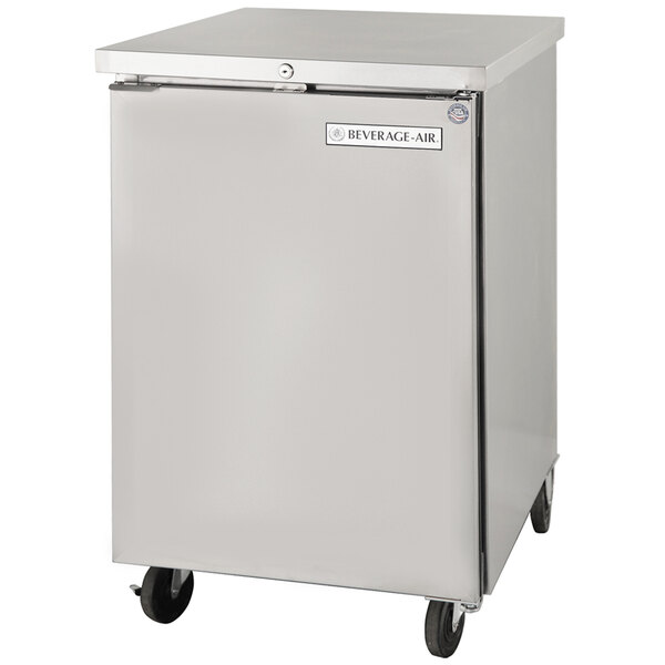 A stainless steel Beverage-Air back bar refrigerator on wheels.