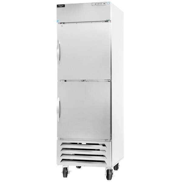A silver Beverage-Air reach-in freezer with half doors.