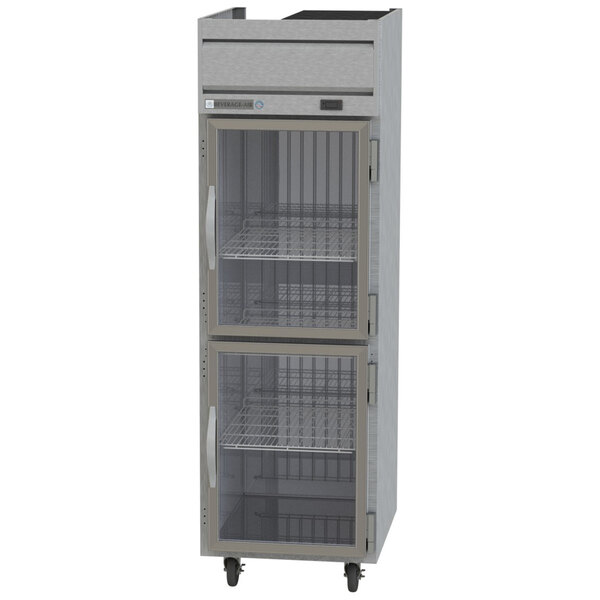 A Beverage-Air Horizon Series half glass door reach-in freezer with two shelves.