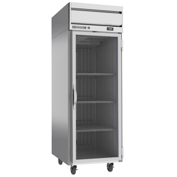 A Beverage-Air Horizon Series stainless steel reach-in refrigerator with glass doors.