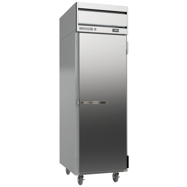 A large silver Beverage-Air reach-in refrigerator with a silver door.