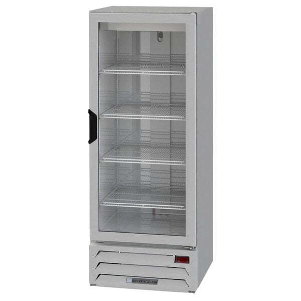 A white Beverage-Air reach-in freezer with glass doors and shelves.