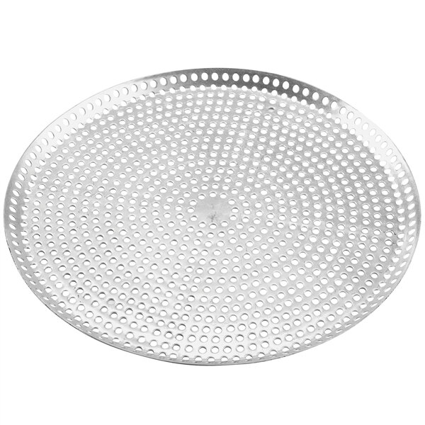 An American Metalcraft silver metal tray with holes.
