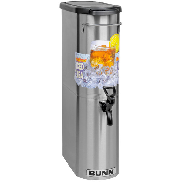 A silver Bunn 3.5 gallon iced tea dispenser with a pinch tube faucet on a white background.
