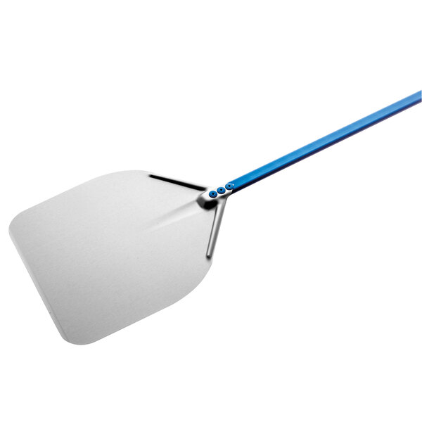 A blue and silver GI Metal Azzurra square pizza peel with a long handle.