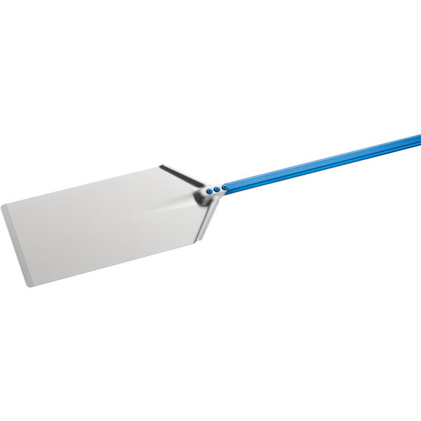 A blue and white anodized aluminum rectangular pizza peel with a handle.